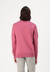 Różowa bluza z długimi rękawami i okrągłym dekoltem. Miękka tekstura oraz ściągacze przy mankietach i dolnym brzegu. Luźny krój, widok z tyłu bez widocznych wzorów.