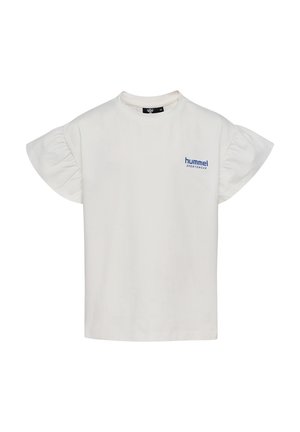 Witte katoenen t-shirt met korte, gerimpelde mouwen en een klein blauw "hummel" logo op de linkerkant van de borst. Klassiek crew neck ontwerp.