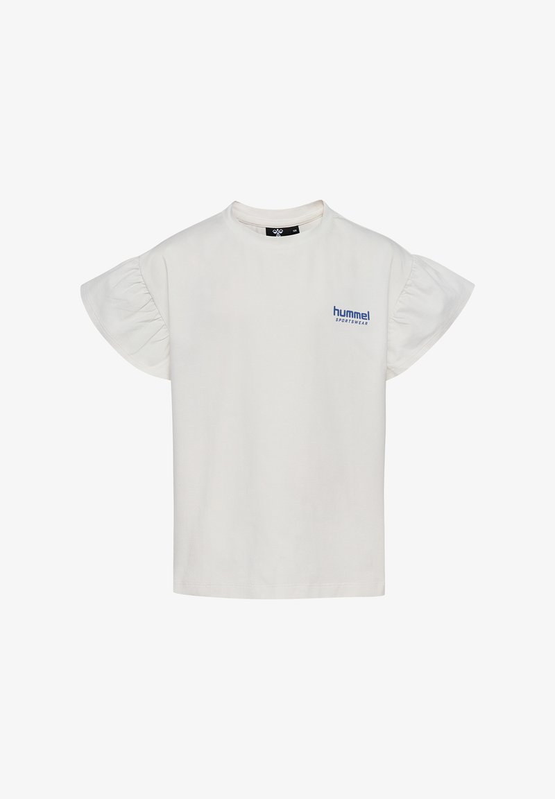 Weißes Baumwoll-T-Shirt mit kurzen, rüschigen Ärmeln und kleinem blauen "hummel"-Logo auf der linken Brustseite. Klassisches Rundhals-Design.