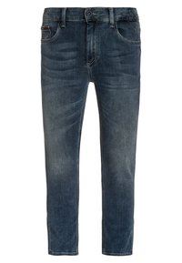 Jeans de denim azul oscuro con un corte recto, que presentan un diseño clásico de cinco bolsillos y un ligero desgastado a lo largo de las piernas.