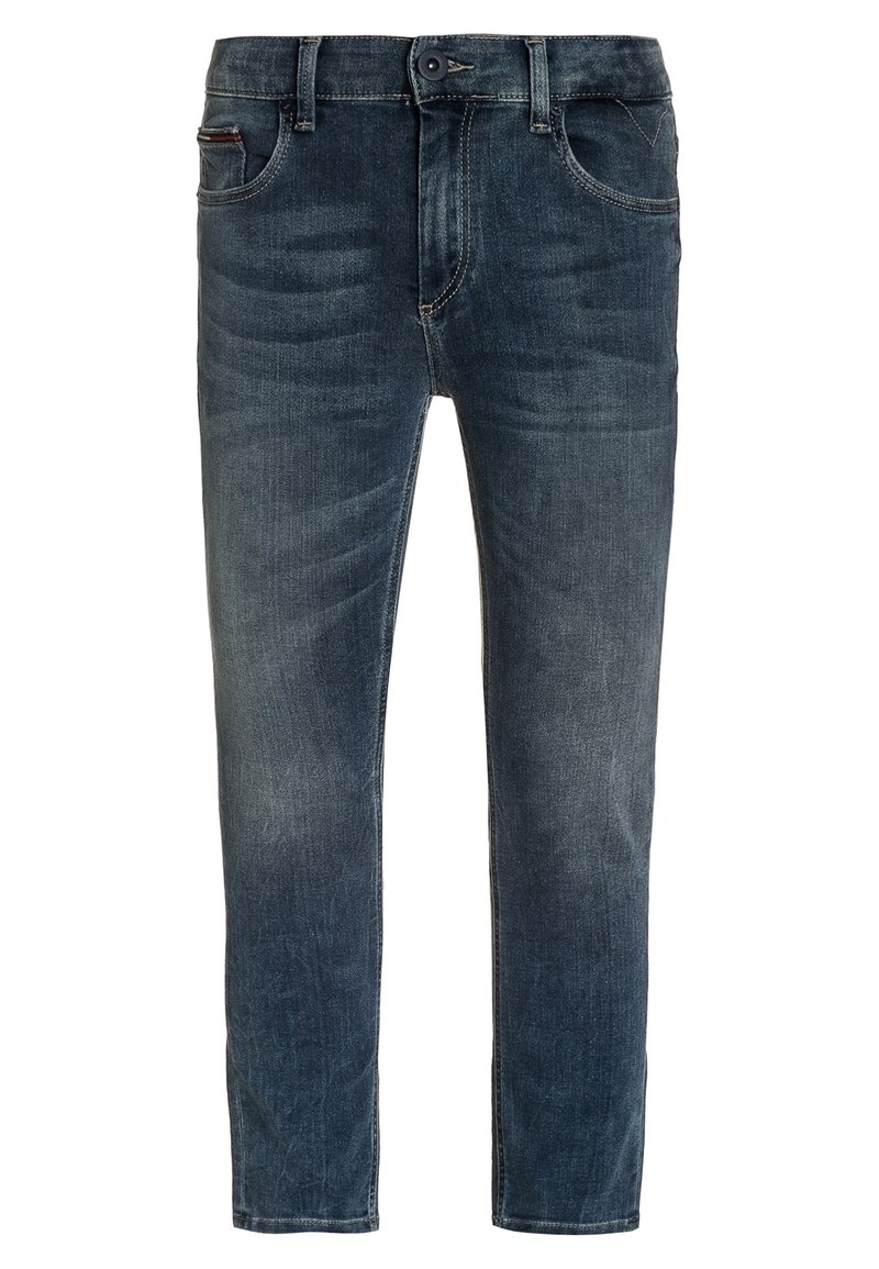 Jeans de denim azul oscuro con un corte recto, que presentan un diseño clásico de cinco bolsillos y un ligero desgastado a lo largo de las piernas.