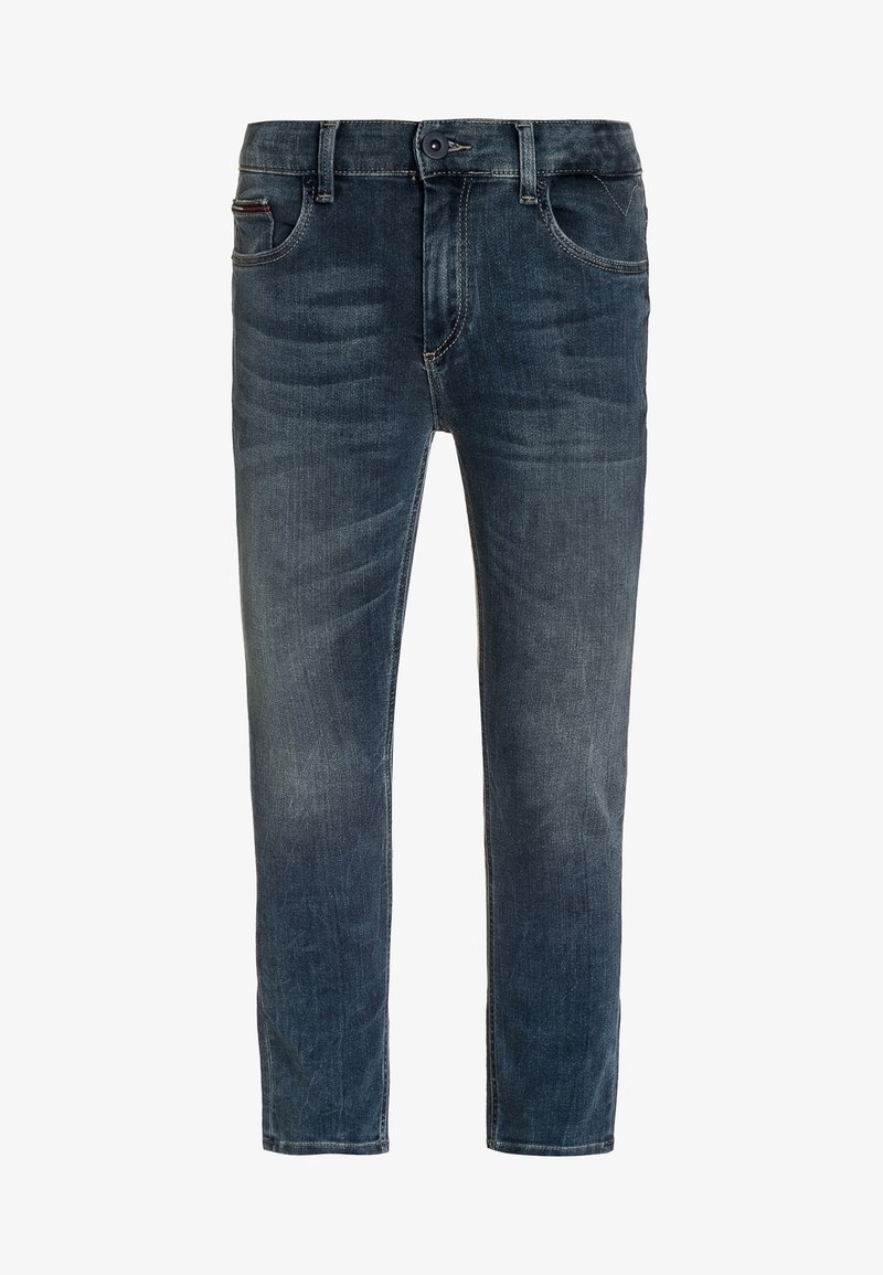Jeans de denim azul oscuro con un corte recto, que presentan un diseño clásico de cinco bolsillos y un ligero desgastado a lo largo de las piernas.