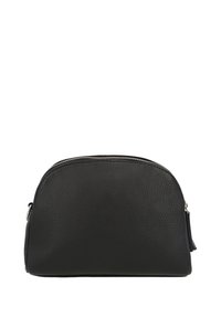 Borsa cosmetica nera in pelle con forma arrotondata, superficie testurizzata, chiusura con zip superiore e un piccolo ciondolo sul lato.