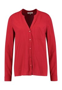 Chemise rouge à boutons fabriquée en tissu léger, avec un col en V, des manches longues et une petite poche poitrine du côté gauche.