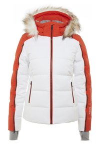 Veste d'hiver blanche et rouge avec capuche doublée de fourrure, fermetures éclair devant et aux manches, et poignets intérieurs gris, conçue pour les temps froids.