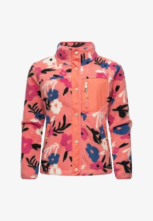 Różowa polarowa kurtka w kwiaty z zatrzaskami, brzoskwiniowa kieszeń na piersi z zamkiem błyskawicznym i wysokim kołnierzem, prezentowana na białym tle.