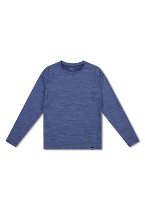 Maglietta a maniche lunghe in tessuto blu scuro testurizzato con scollatura rotonda e un piccolo logo sul lato sinistro in basso.