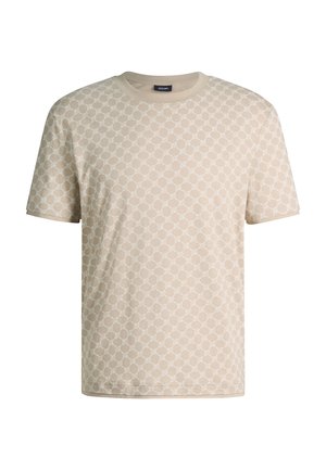 Beige T-Shirt mit kurzen Ärmeln, einem dezenten, durchgehenden Muster aus runden Ketten und rundem Halsausschnitt.