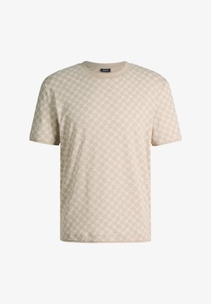 Beige T-Shirt mit kurzen Ärmeln, einem dezenten, durchgehenden Muster aus runden Ketten und rundem Halsausschnitt.
