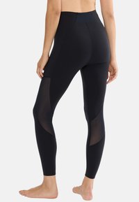 Black leggings with a high waist, featuring mesh panels and contrasting smooth sections for a sleek design. Made of stretchy, breathable material.