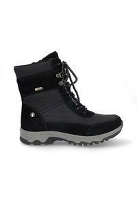 Bota impermeable negra que combina materiales de ante y sintéticos, con cierre de cordones en la parte delantera y una suela de goma texturizada con patrones de tracción.