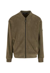 Jasnozielona kurtka zapinana na zamek, wykonana z miękkiego materiału polarowego, z bocznymi kieszeniami, okrągłym kołnierzem i elastycznymi mankietami. Brak widocznych wzorów lub elementów metalowych.