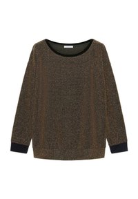 Haut à manches longues de couleur brun foncé avec des fils métalliques. Col large noir et poignets noirs contrastants. Texture douce et coupe décontractée.