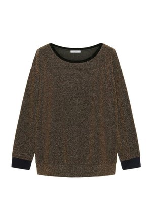 Top met lange mouwen in donkerbruin met metallic draden. Heeft een brede zwarte halslijn en contrasterende zwarte manchetten. Zachte textuur en ontspannen pasvorm.