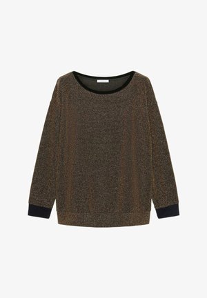 Top de manga larga en marrón oscuro con hilos metálicos. Presenta un amplio escote negro y puños negros contrastantes. Textura suave y ajuste relajado.