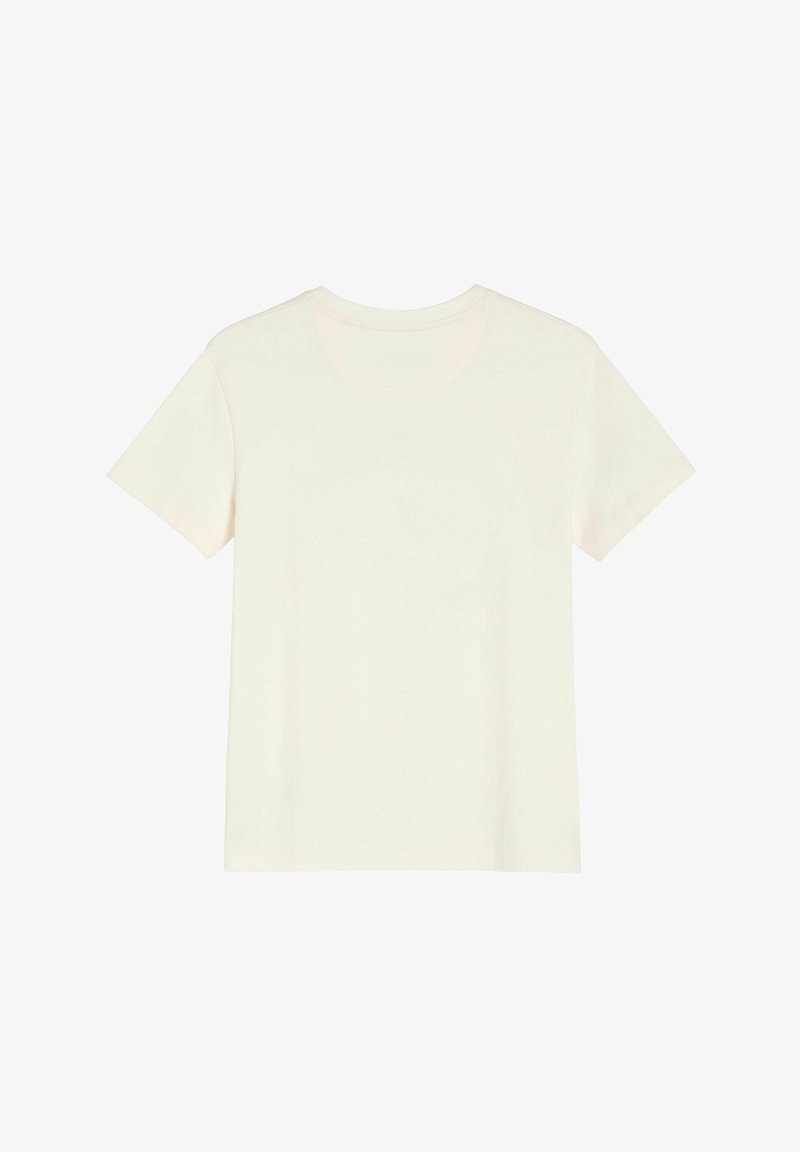 Kremowa, krótko rękawowa koszulka z okrągłym dekoltem. Wykonana z miękkiego materiału o gładkiej strukturze, cechująca się prostym, minimalistycznym wzornictwem.