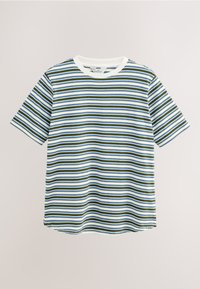 Kurzärmliges Umstands-T-Shirt mit horizontalen Streifen in Weiß, Olivgrün und Blau, mit weißem Rundhalsausschnitt.