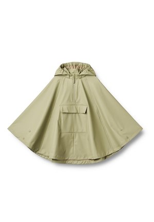 Vattentålig poncho i ljusgrön. Har en huva, halvdragkedja fram och en framficka. Mjuk textur, rundad form med tryckknappar i nederkant.