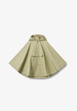 Vodootporni pončo u svijetlozelenoj boji. Ima kapuljaču, prednji dio na pola zatvarača i prednji džep. Mekana tekstura, zaobljeni oblik sa kopčama na rubu.