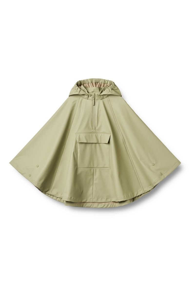 Vattentålig poncho i ljusgrön. Har en huva, halvdragkedja fram och en framficka. Mjuk textur, rundad form med tryckknappar i nederkant.