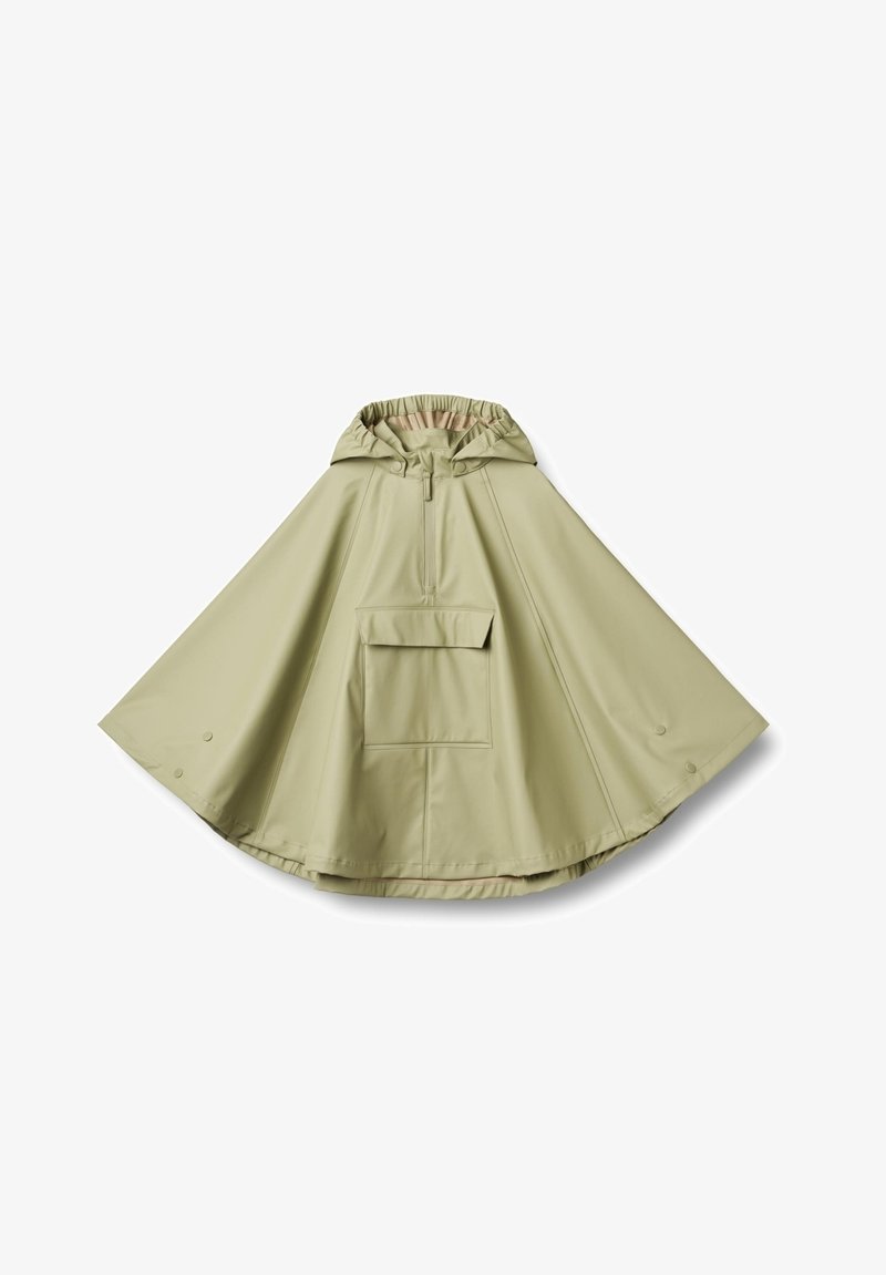 Waterdicht poncho in lichtgroen. Kenmerkt zich door een capuchon, een halve ritssluiting aan de voorkant en een voorzak. Zachte textuur, afgeronde vorm met drukknoopsluiting aan de onderkant.
