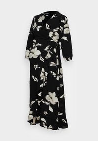 Černé zavinovací šaty s bíl�ým květinovým vzorem, s dlouhými rukávy, volánkovým lemem a zavazováním v pase. Lehce texturovaná tkanina.