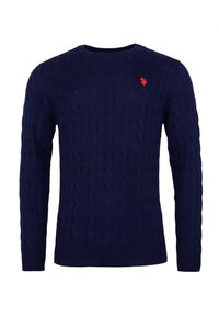 Navy blue cable-knit sweater with a crew neckline, long sleeves, ribbed cuffs and hem, featuring a small red emblem on the chest.