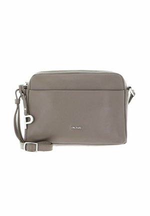 Sac en bandoulière en cuir gris avec bandoulière réglable, poche zippée à l'avant, et logo et charm "Picard" en argent.