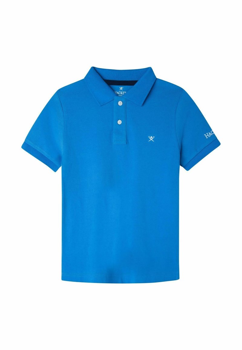 Polo-shirt bleu en coton avec col, patte de boutonnage à deux boutons et manches courtes. Présente un logo sur la poitrine et le texte « HACK » sur la manche.