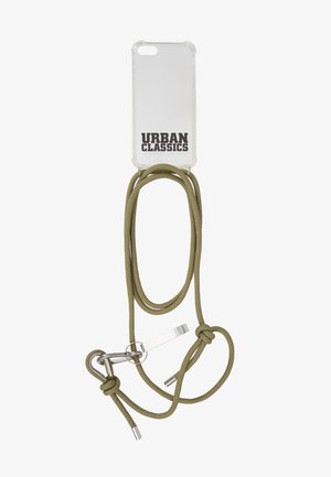 Permatomas telefono dėklas su "URBAN CLASSICS" logotipu; alyvmedžio žalia virvutė; sidabriniai priedai; reguliuojamas ilgis; lygus paviršius.