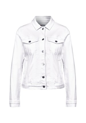 Vit denimjacka med långa ärmar, rak passform, två bröstfickor, knappstängning och svarta knappar som accentuerar designen.