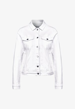 Giacca in denim bianco con maniche lunghe, taglio dritto, due tasche sul petto, chiusura a bottone e bottoni neri che accentuano il design.