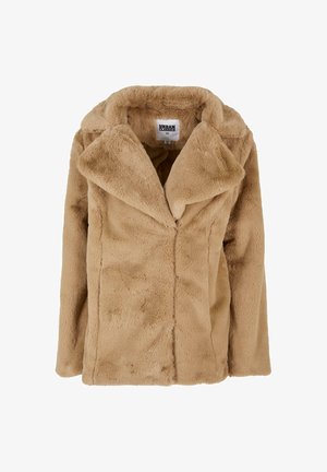 Kerge tan värvi vale karusnaha mantel laia kraega, pikkade varrukatega ja vabalt langeva lõikega. Omab pehmet tekstuuri ja puhtaid jooni. Silt "Urban Classics."