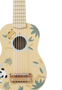 Children's ukulele made of wood, featuring a light yellow body with animal illustrations, a circular soundhole, and colorful strings.