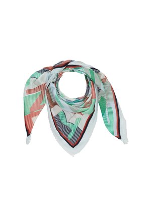 Mehrfarbiges Tuch mit geometrischen Mustern, Streifen und fransigen Kanten. Material scheint leicht und halbtransparent zu sein, in Tönen von Blau, Grün und Rot.