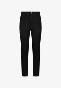 Pantalones negros de corte ajustado con bolsillos frontales y cierre con botón dorado, diseñados con trabillas para cinturón y un acabado de tela suave.