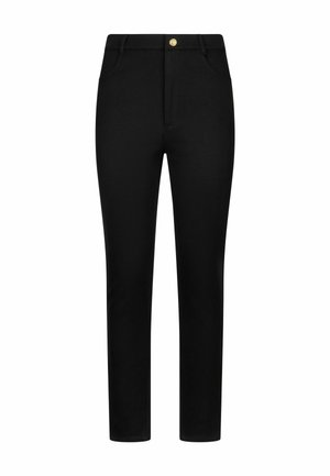 Pantalon noir coupe slim avec poches avant et fermeture par bouton doré, conçu avec des passants pour ceinture et une finition en tissu lisse.