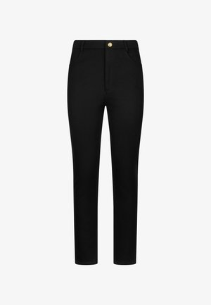 Šauri melni bikses ar priekšējām kabatām un zelta pogas aizdari, izstrādātas ar jostas cilpām un gludu auduma apdari.