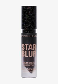 Flüssiger Lippenstift in einem schlanken, zylindrischen Behälter. Matte schwarze Basis mit einem glitzernden schwarzen Deckel. Mit dem Etikett "STAR BLUR" in Roségoldschrift.