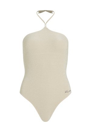 Lichtbeige badpak met een glinsterende textuur, halternek ontwerp en een parelaccent op de nek. Eenvoudige en aansluitende vorm.
