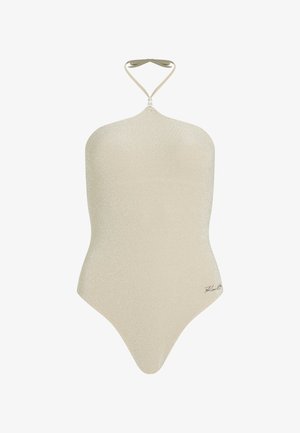 Ljus beige baddräkt i ett stycke med en skimrande yta, halterneck-design och en pärlaccent vid nacken. Enkel och figurnära form.