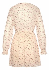 Kukka-asu vaaleasta kermakankaasta, jossa on pleatattu pinta. Ominaisuuksiin kuuluvat pitkät hihat, joissa on röyhelökoristeet, joustava vyötärö ja hajallaan olevat vaaleanpunaiset kukat.