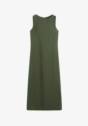 Ærmeløs, olivengrøn, knælang linnedkjole med rund halsudskæring og lynlås bagpå.