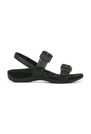Black leather sandal with dual adjustable buckle straps, contoured footbed, and textured outsole for grip. Open toe and heel design.