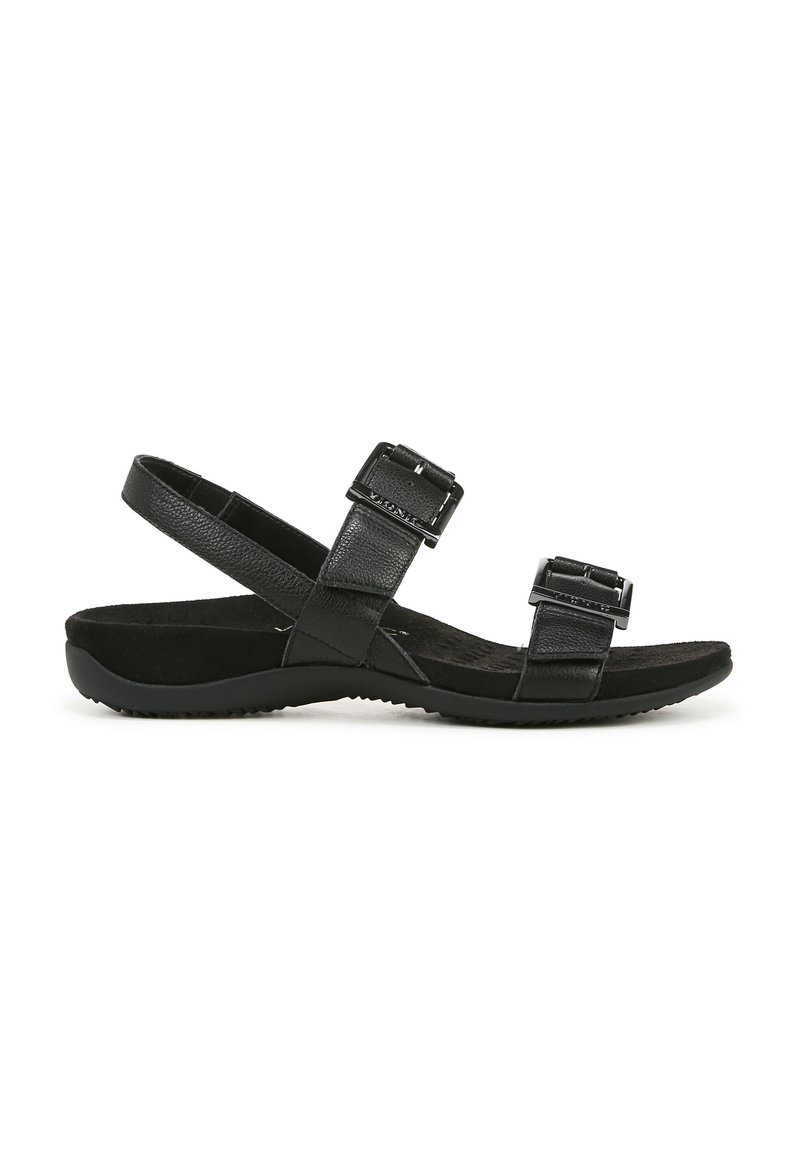 Sandale en cuir noir avec des sangles à double boucle réglables, semelle intérieure anatomique et semelle extérieure texturée pour une bonne adhérence. Design ouvert à l'avant et au talon.