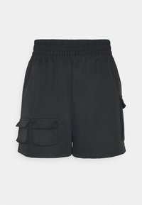 Svarta cargoshorts med elastisk midja och två sidosfickor. Slät yta, når mitten av låret, med funktionella designelement.