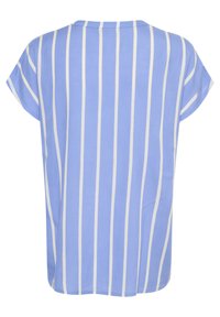 Haut à manches courtes bleu clair avec des rayures blanches verticales. Encolure ronde, tissu doux et coupe décontractée. L'ourlet se termine harmonieusement au niveau de la taille.