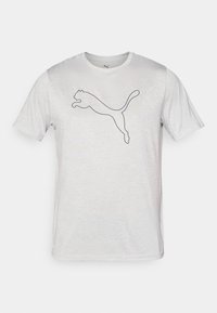 Hvid kortærmet t-shirt lavet af blødt stof, med en sort kontur af et springende panterlogo på forsiden.