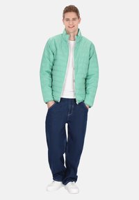 Giacca trapuntata verde menta con colletto rialzato, chiusura con zip e tasche frontali, abbinata a jeans scuri dal taglio morbido e sneakers bianche.