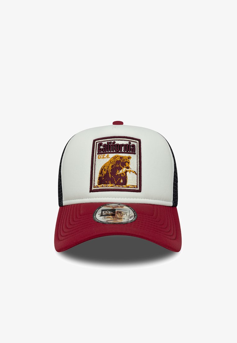 Red and white adjustable baseball cap featuring a bear emblem and "California USA" text, with a mesh back and curved visor.